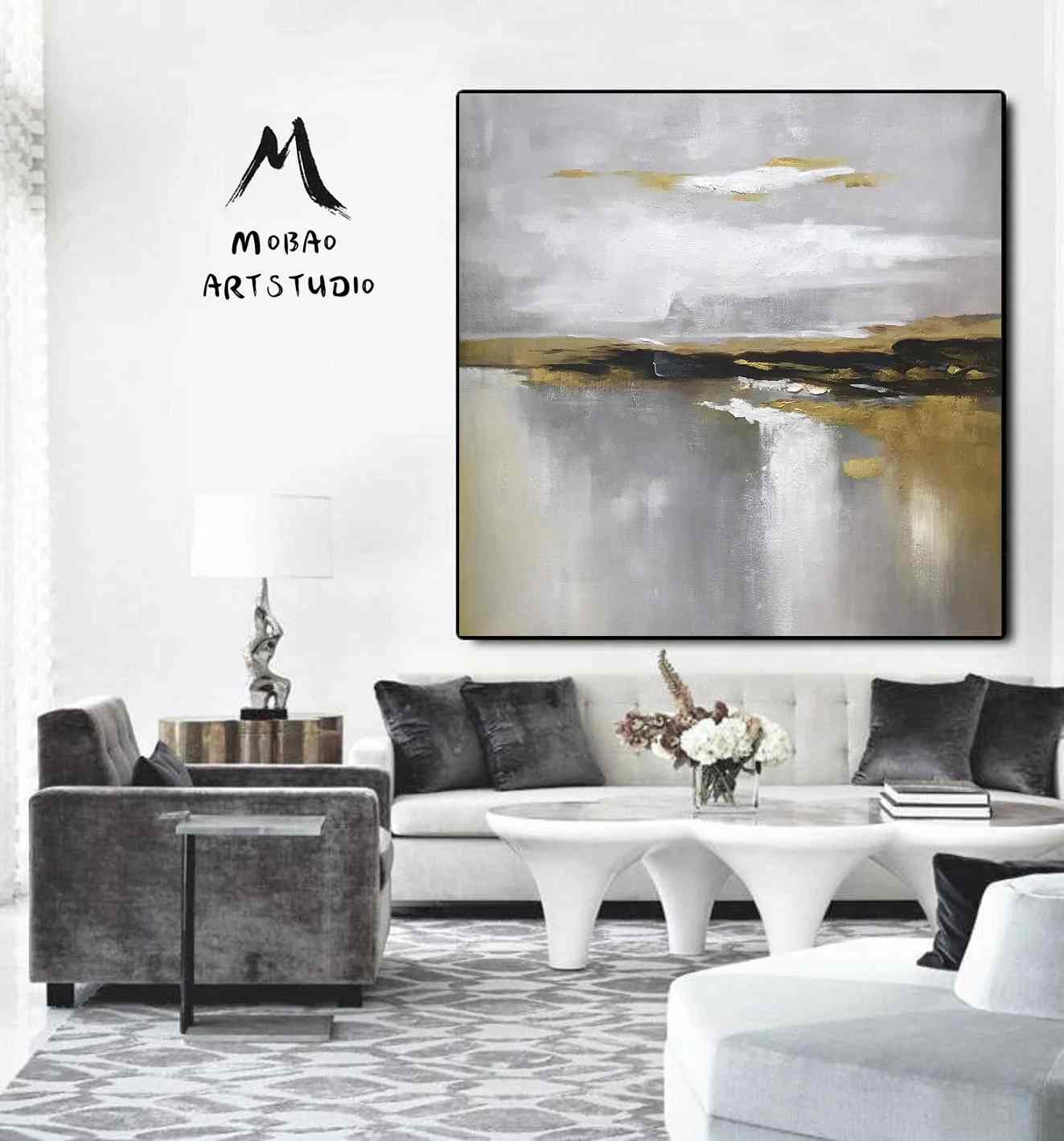Minimal Original White Grey Abstract Canvas Wall Art SH2L5
